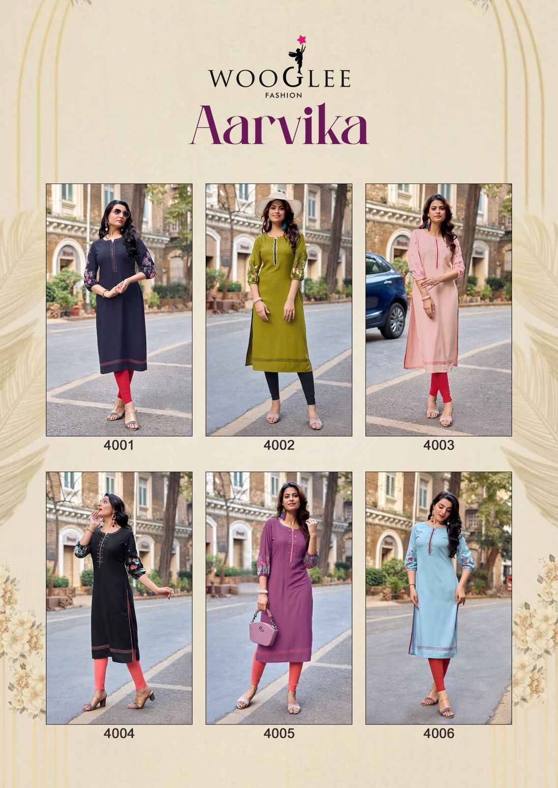 Aarvika By WOOGLEE 4001 To 4006 Series Designer Casuals Wear Collection Rayon Kurtis With Tread & Hand work At Wholesale Price